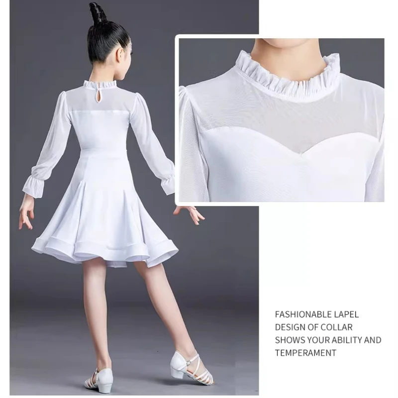

Kids Long Sleeve Latin Dance Dress, Summer Split Practice Suit For Girls, Professional Latin Outfit For Art Test & Competition