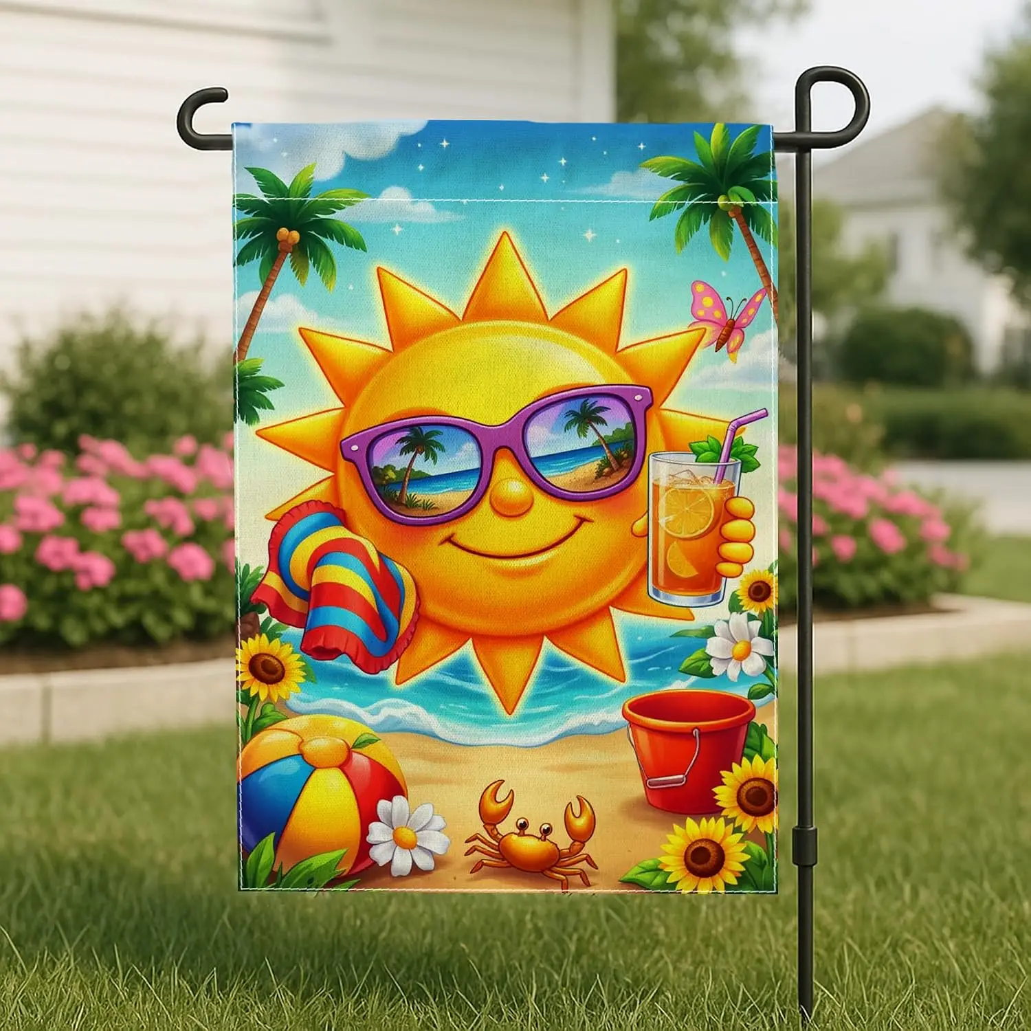Sun Garden Flag, Summer Tropical Palm Tree Beach Ball Summer Yellow Burlap Double Sided Yard Decorative Flags for Outdoor La kkz