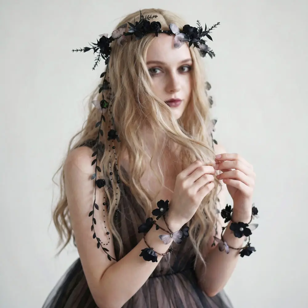 Gothic Style Vine Flower Crown Bracelet Set Halloween Party Accessory Pearl Tassel Garland Headpiece For Photography Prop Decor