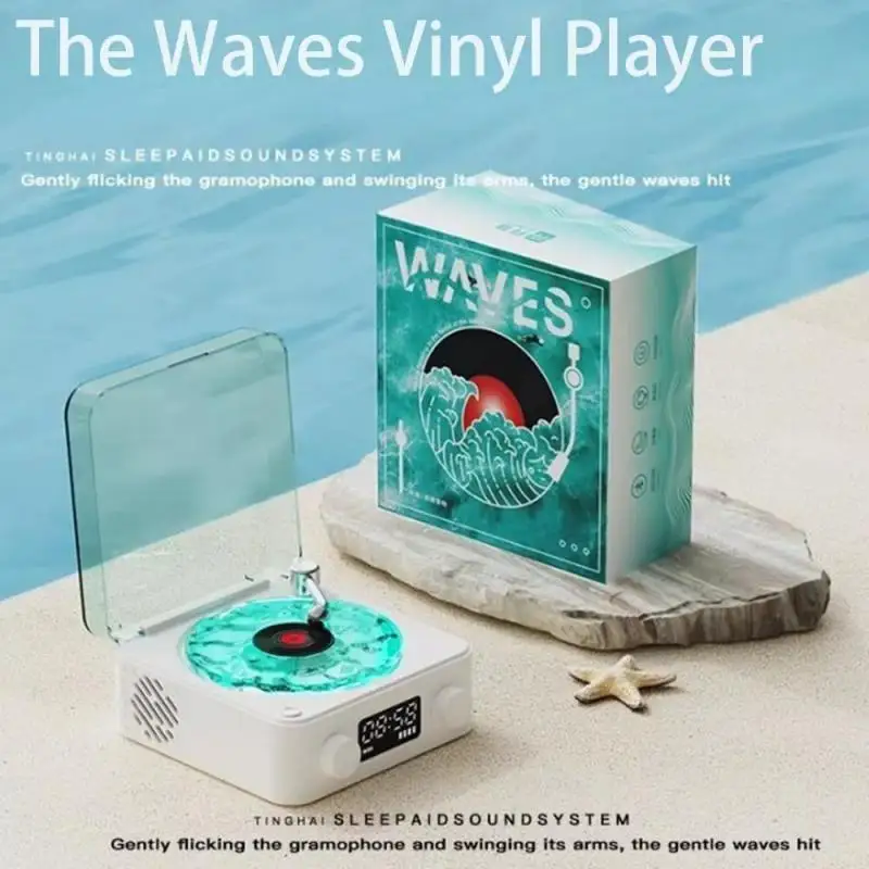 Waves Vinyl Player Bluetooth Speaker with White Noise Retro Turntable Speaker Sleep Aid Vitrola Shaped Speaker with RGB Light