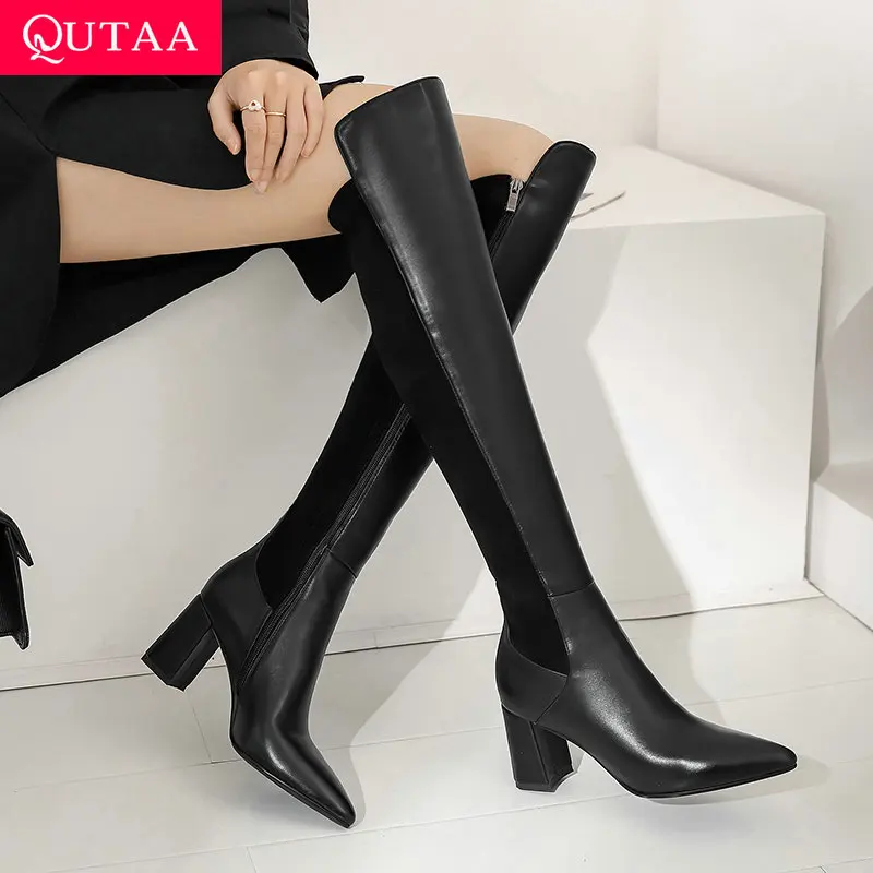 

QUTAA 2026 Fashion News Women Over The Knee High Boots Pointed Toe Winter Woman Shoes High Heels Cow Leather Long Boots 34-41