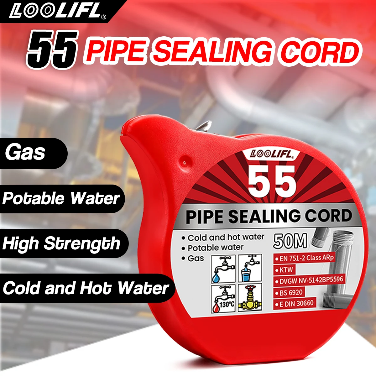LOOLIFL 50M Pipe Sealing Cord (1-3pc) - Reusable Home Pipeline Sealant, Eco-Friendly for Kitchen & Bathroom Repairs