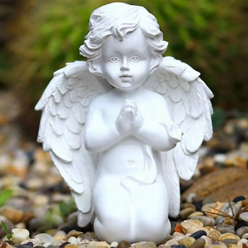 Kneeling Praying Pure White Angel With Wing Resin Garden Statue Memorial Resin Yard Figurine Garden Statue Gift