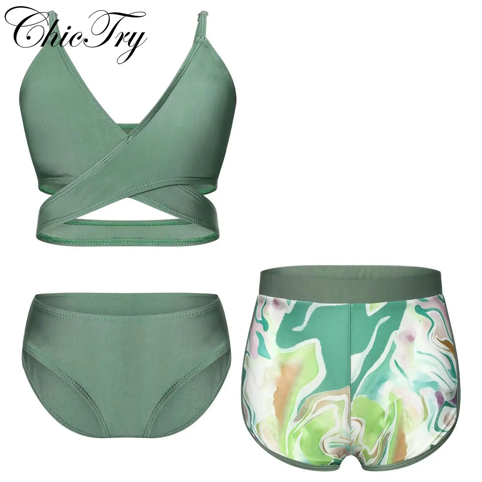 

Kids Girls 3 Piece Swimsuit Bikini Bathing Suit Spaghetti Straps Padded Tops with Bottoms and Cove Up Shorts Beachwear Outfits