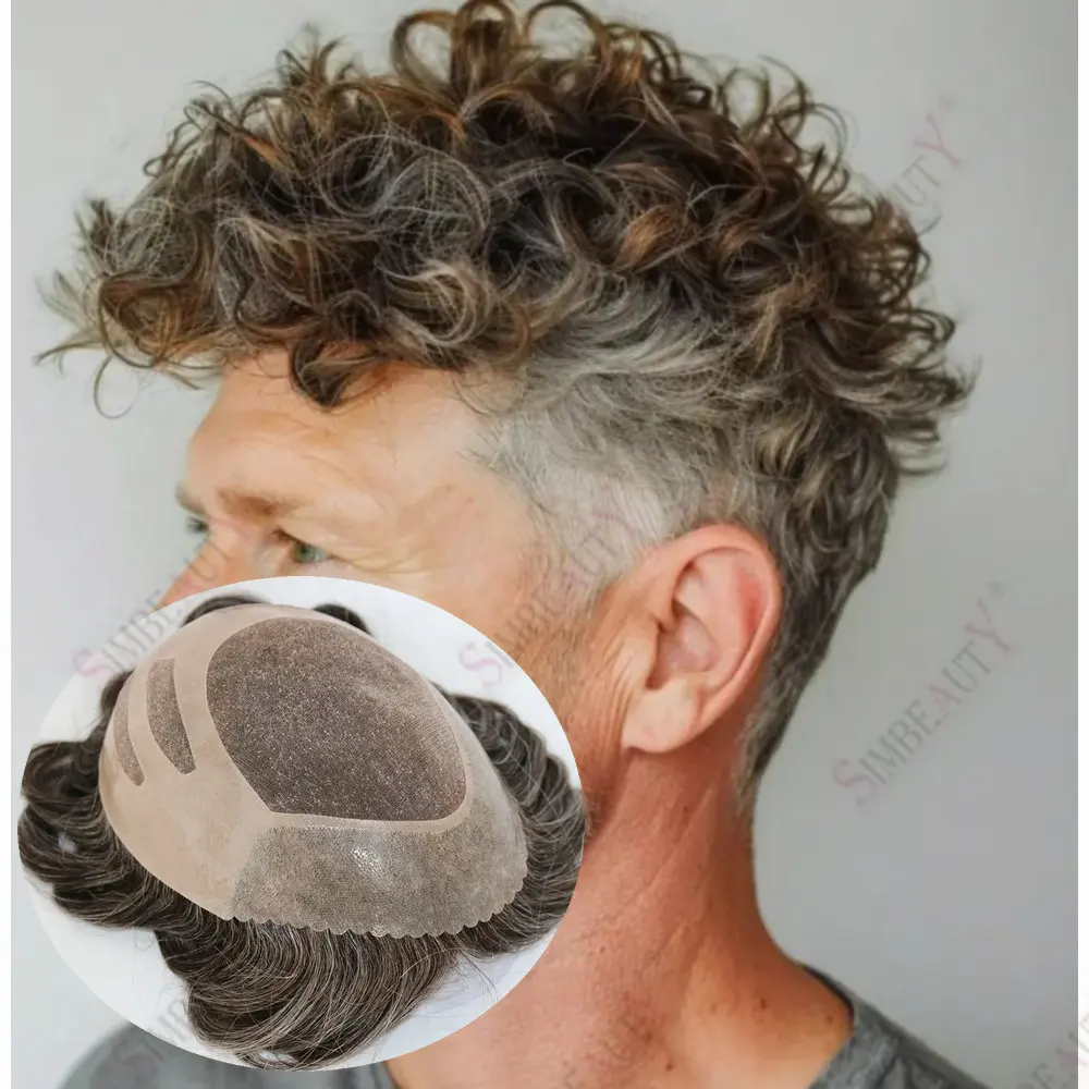 

Natural Hairline 20mm Curly Men's Toupee 540# 1B80 Gray Brown Black Human Hair Durable Bond Mono Base Male Capillary Prosthesis