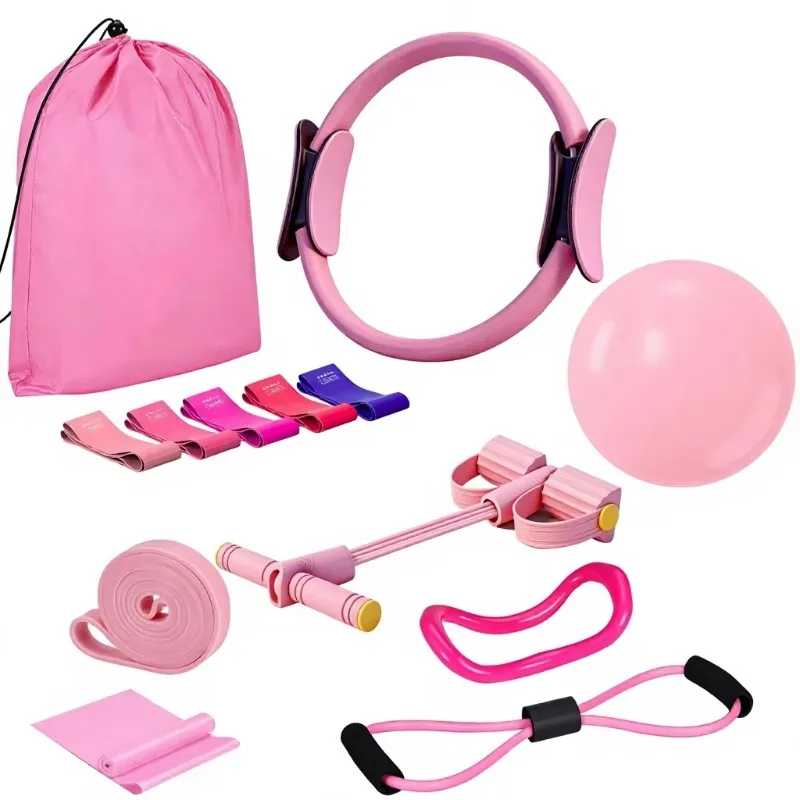YTYINPilates Essentials Kit Women 15-Piece Plastic Pilates Equipment Home Workouts Yoga Circle Ball Ring 5 Resistance Bands