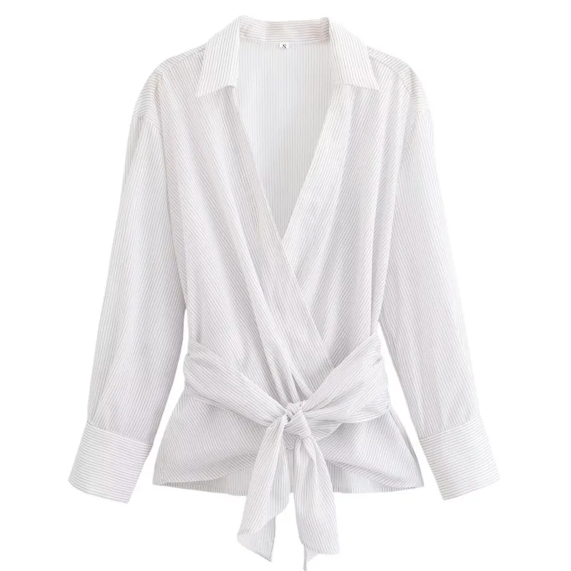 Nouvelles femmes rayé taille sangle chemise col en V à manches longues chemises Double boutonnage réglable noeud papillon femme chemises décontractées