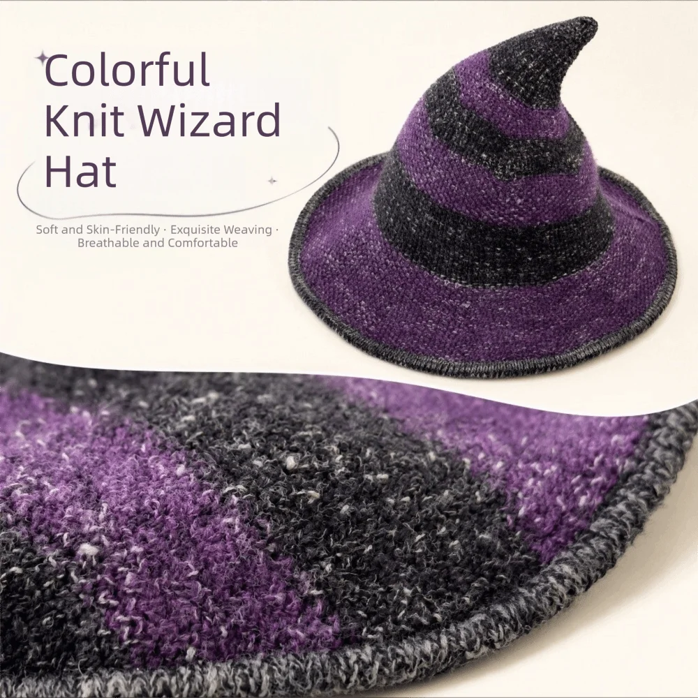 Funny Wide Edges Witch Hat Spire Color Blocked Knitted Wizard Cap Foldable Yarn Cotton Halloween Hat Wiccan Lover Gift
