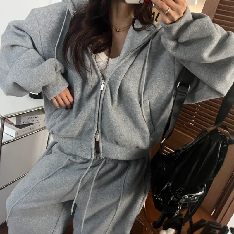 Korean Sle Double Zipper Fluffy Hoodie Jaet Women's Dstring Trousers Autumn Winter Two-Piece Set Soft Comfortable Swea...