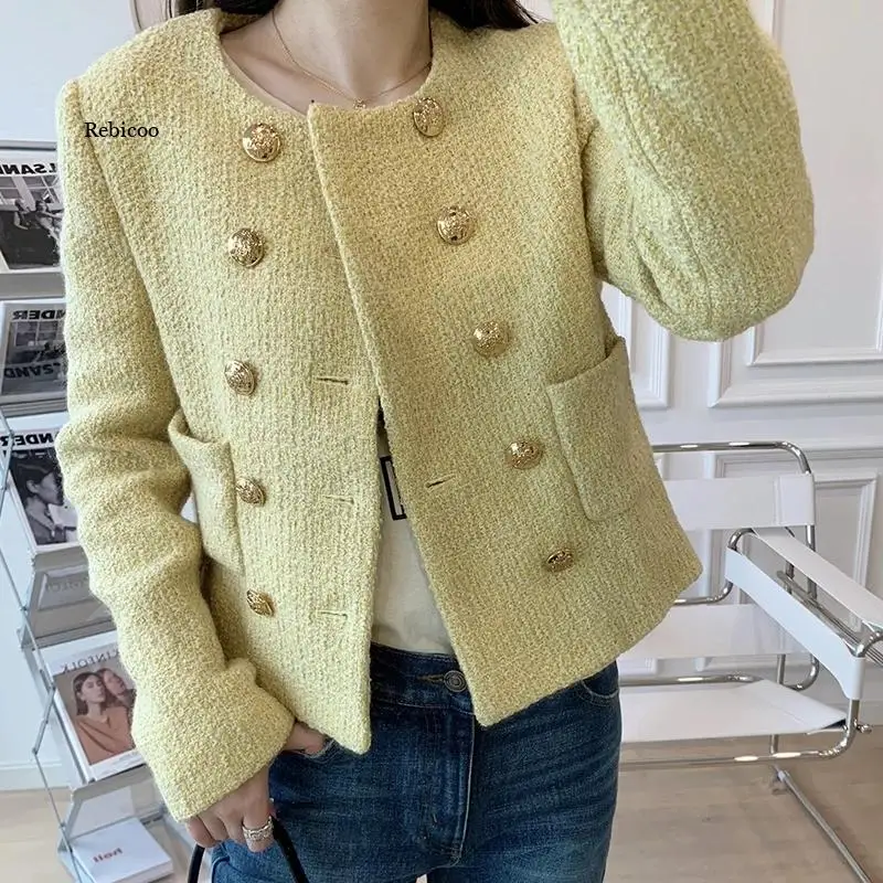 2022 New Autumn Elegant Vintage Short Sleeve Cardigan Coat Women Crop Top Korean Tweed Jacket Outerwear