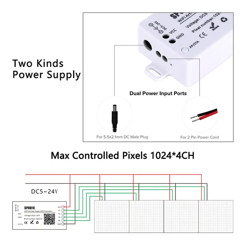 Imagem -05 - Painel de Luz Led com Bluetooth Art-net Magic Programável Digital Wifi Matriz Led Controlador de Pixels Sp801e Ws2812b