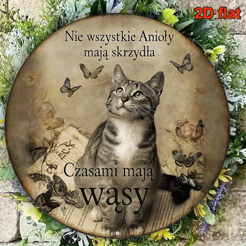 1pc Angel Cat Metal Wall Art Wooden Sign - 7.87x7.87 Inch Durable 2D Flat Print with Tabby Cat & Butterflies Creative Gifts