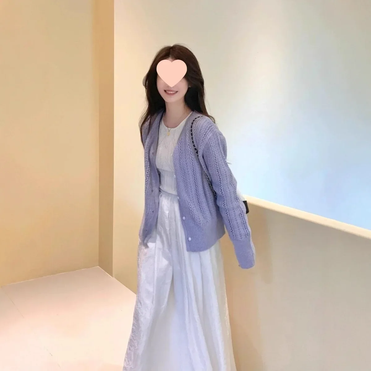 

Fashion French Style V-neck Top Gentle Short Sleeve Purple Hollow out Knitted Spring Jacket Women's Gentle Korean Style Sweet