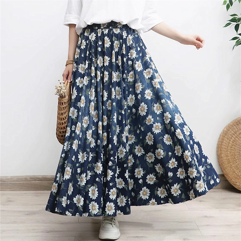 High Quality Sweet All-Match Girls Denim Daisy Printed Pleated Skirts Women's Spring Autumn Vintage Demure Prairie Chic Fashion