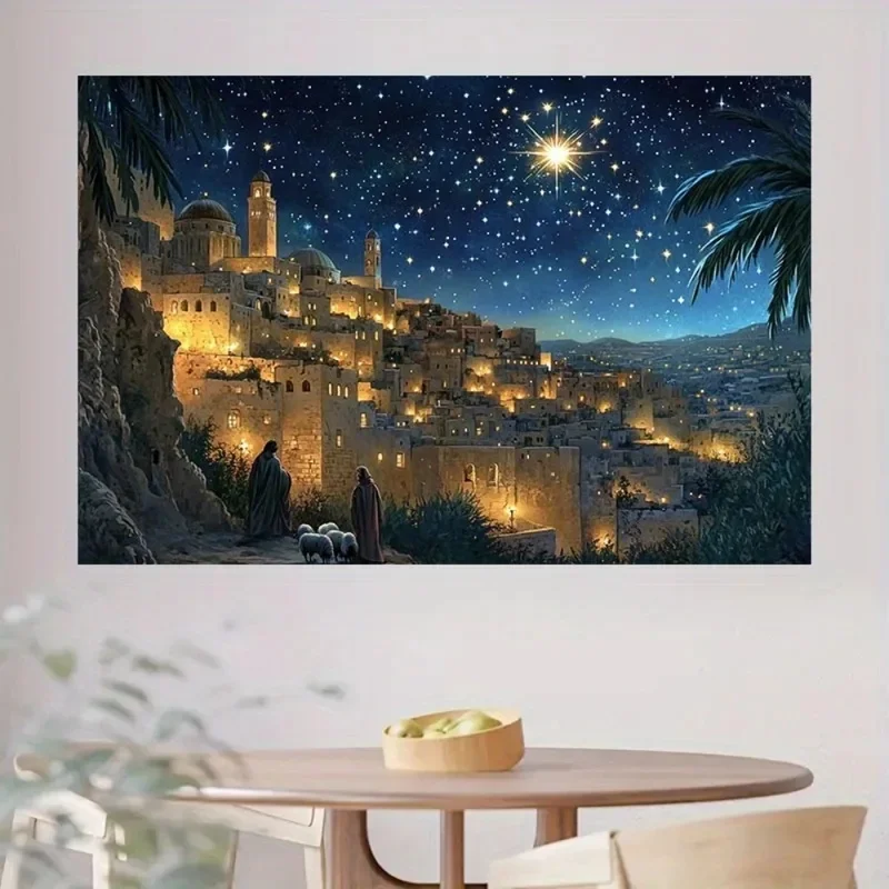 VIKAMA Aesthetic Nativity Tapestry Bethlehem Star Ancient City Shepherd Sheep Night Sky Wall Hanging Christmas Religious Home Do