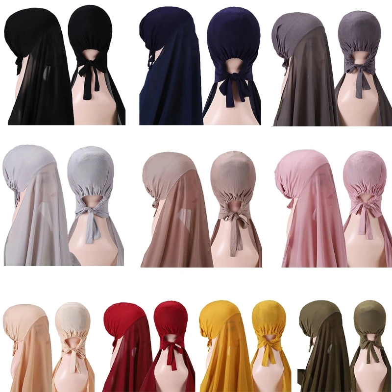 

Popular Pearl Solid Color Hijab With Bonnet Elastic Rope Shawls Veil