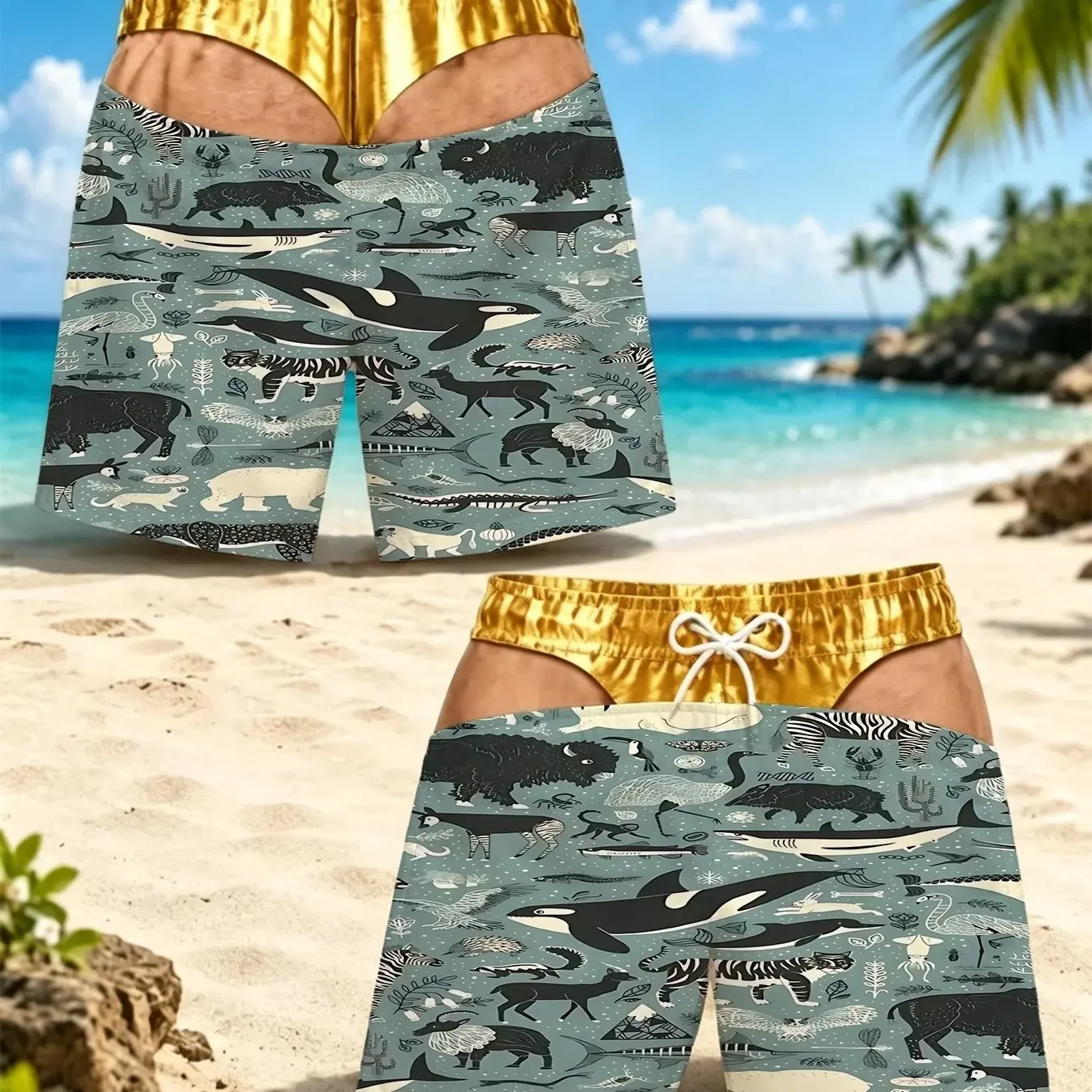 Men Funny Illusion Swim Trunks Cartoon Goldfish Bubble Fake Underwear Print Novelty Beach Party Board Shorts