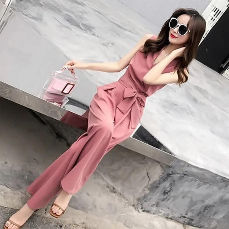 Büro Dame Overalls 2022 Solide Frauen Sleeveless V-ausschnitt Breite Bein Lange Hosen Strampler Damen Bowknot Spitze-up Plus Größe hosen