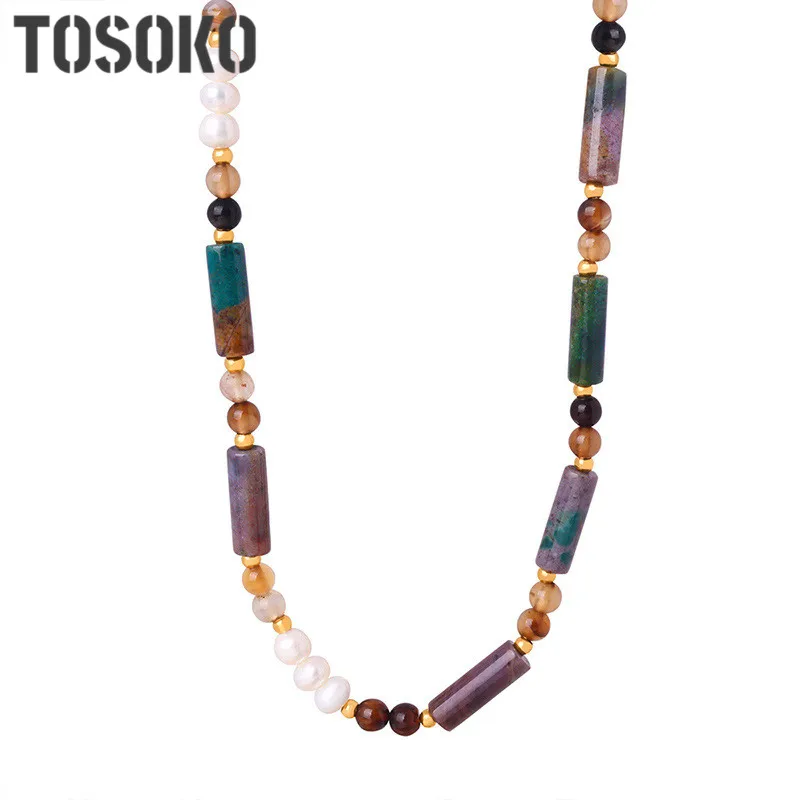 

TOSOKO Stainless Steel Jewelry Colorful Natural Stone Splicing Freshwater Pearl Handmade Beaded Necklace Pendant BSP1721