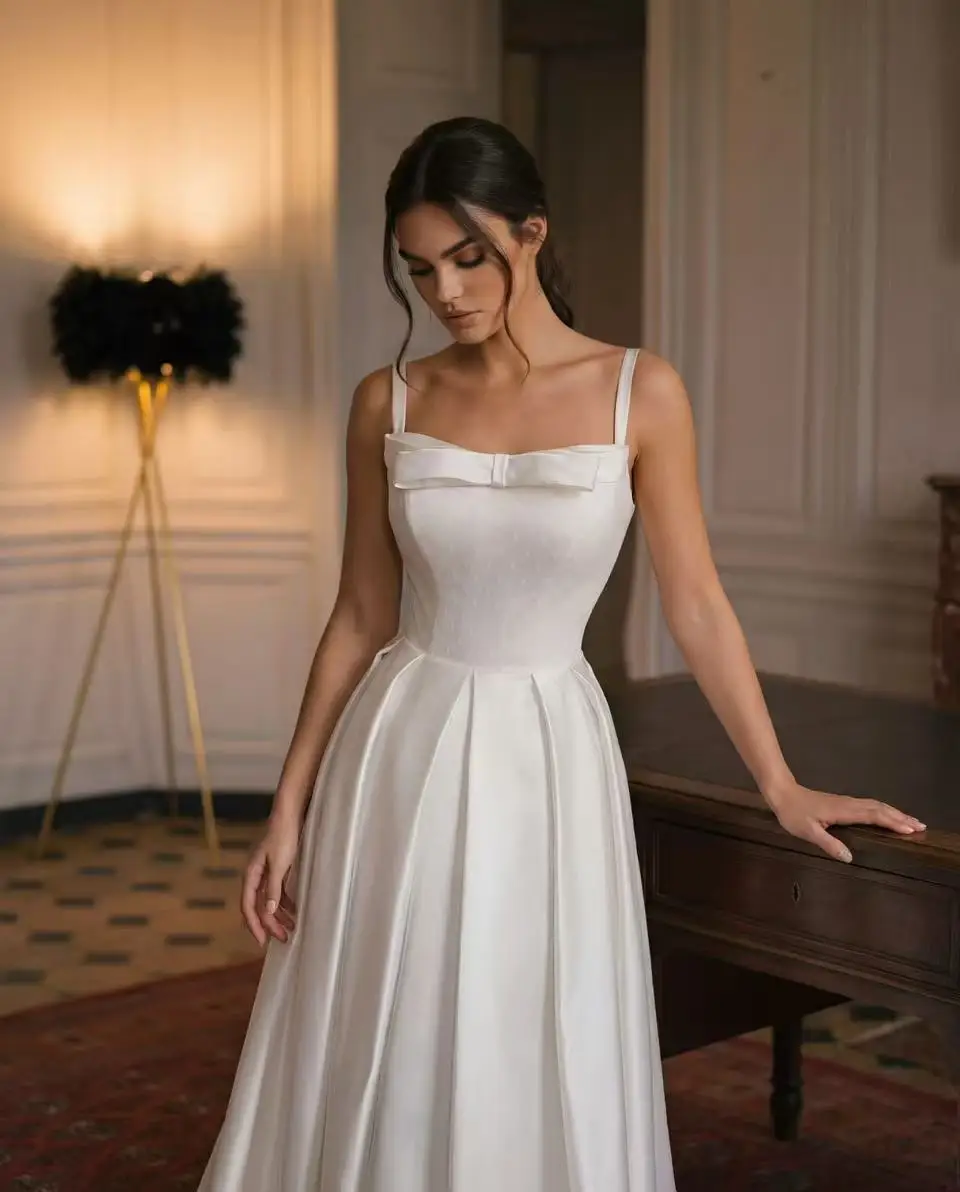 Minimalist Square Neck Satin Bridal Gown Bow Detail Thin Straps A Line Wedding Dress Simple Clean Sweep Train Custom Made