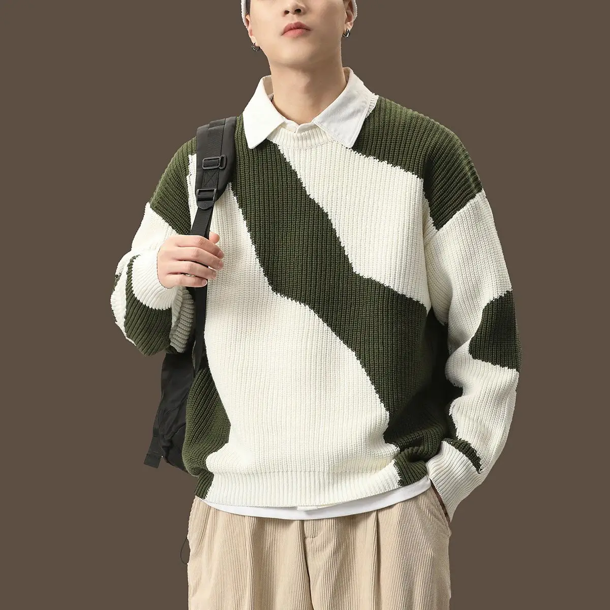 

NOONOZ Retro Striped Men's Knitwear Oversize Loose Casual Sle Couple's Sweater Autumn Winter Polyester Fiber Non-Itchin