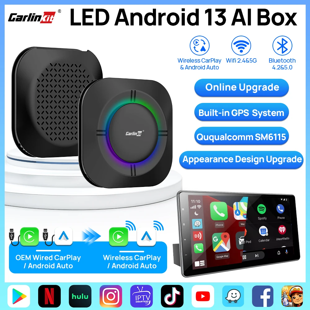 CarlinKit Andriod 13 Wireless CarPlay Android Auto AI Box SM6115 8-Core Split Screen Smart TV Box For Netflix YouTube Play Store