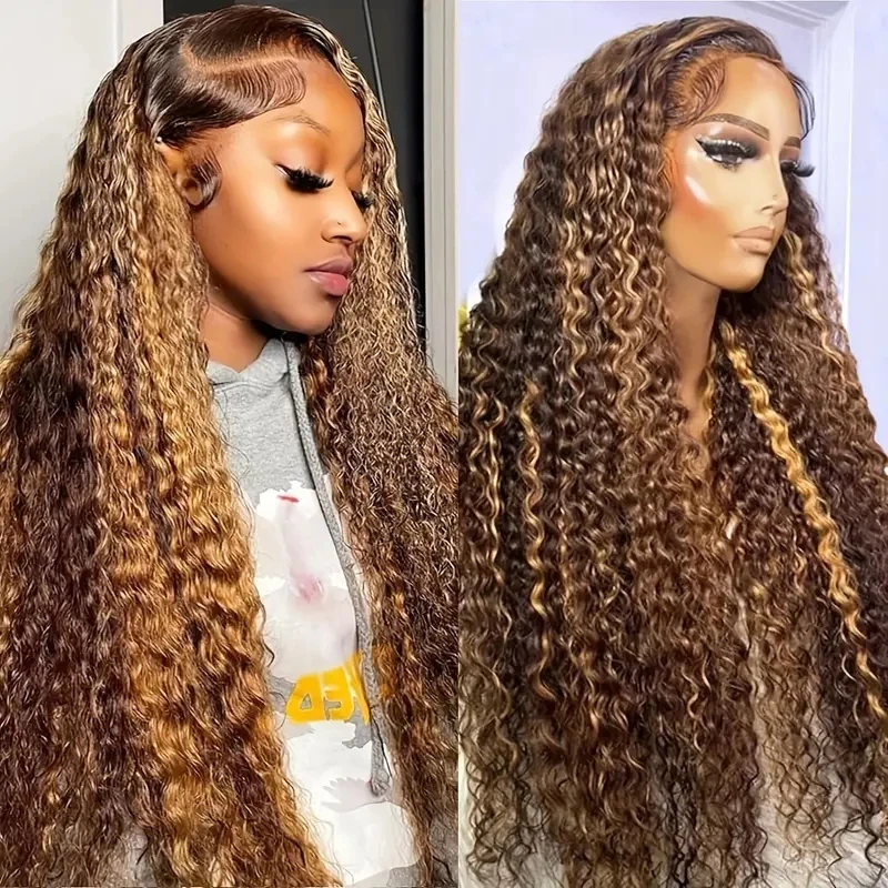 250% Density Curly Highlight 427 Human Hair Wigs Honey Blonde Pre-Plucked 13x6 HD Frontal Lace Deep Wave Ombre Wigs Human Hair
