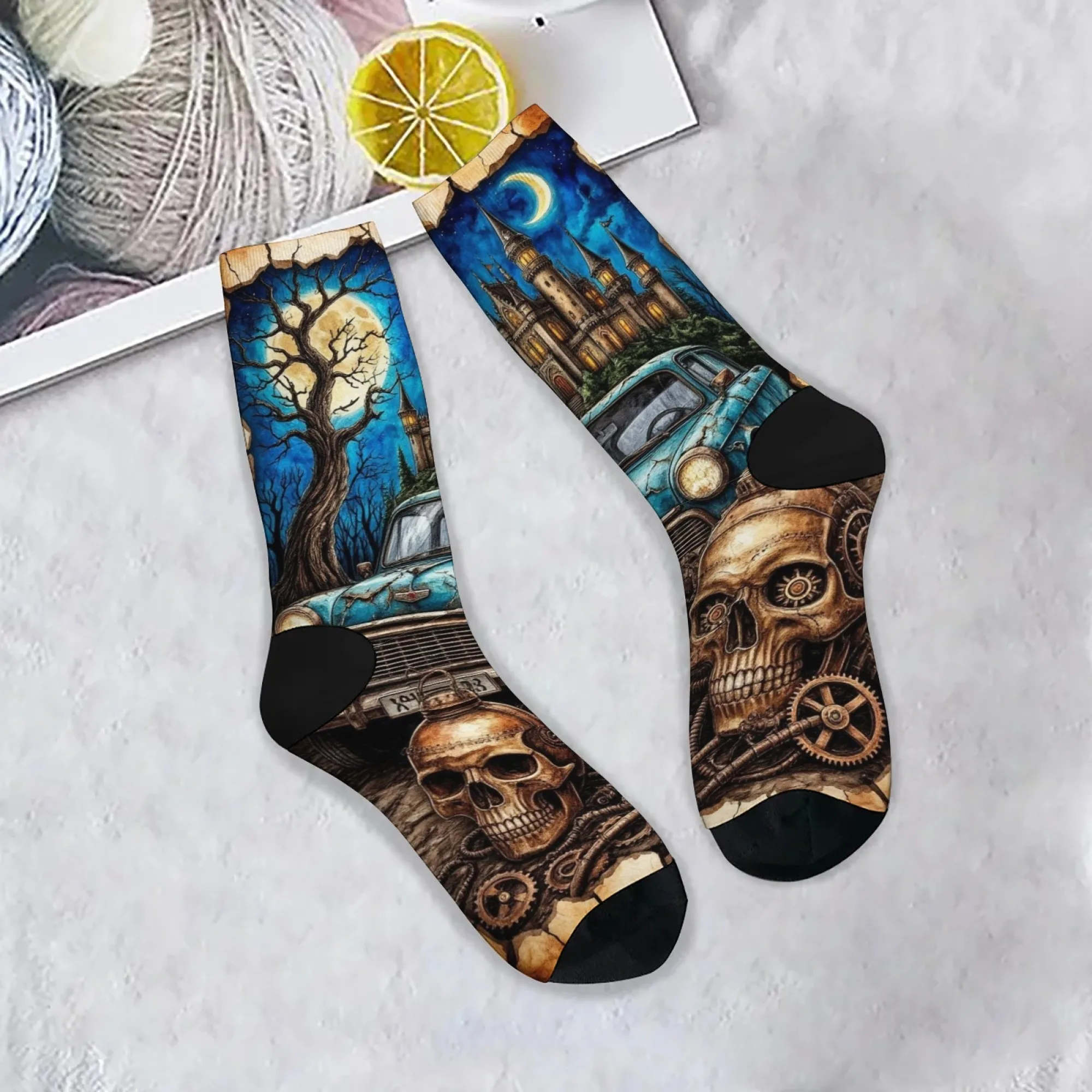 Nostalgic Car Metal Skull Novelty Socks Steampunk Style Retro Fashion Casual Sports Socks Crazy Street Hip-hop Funny Socks Gift