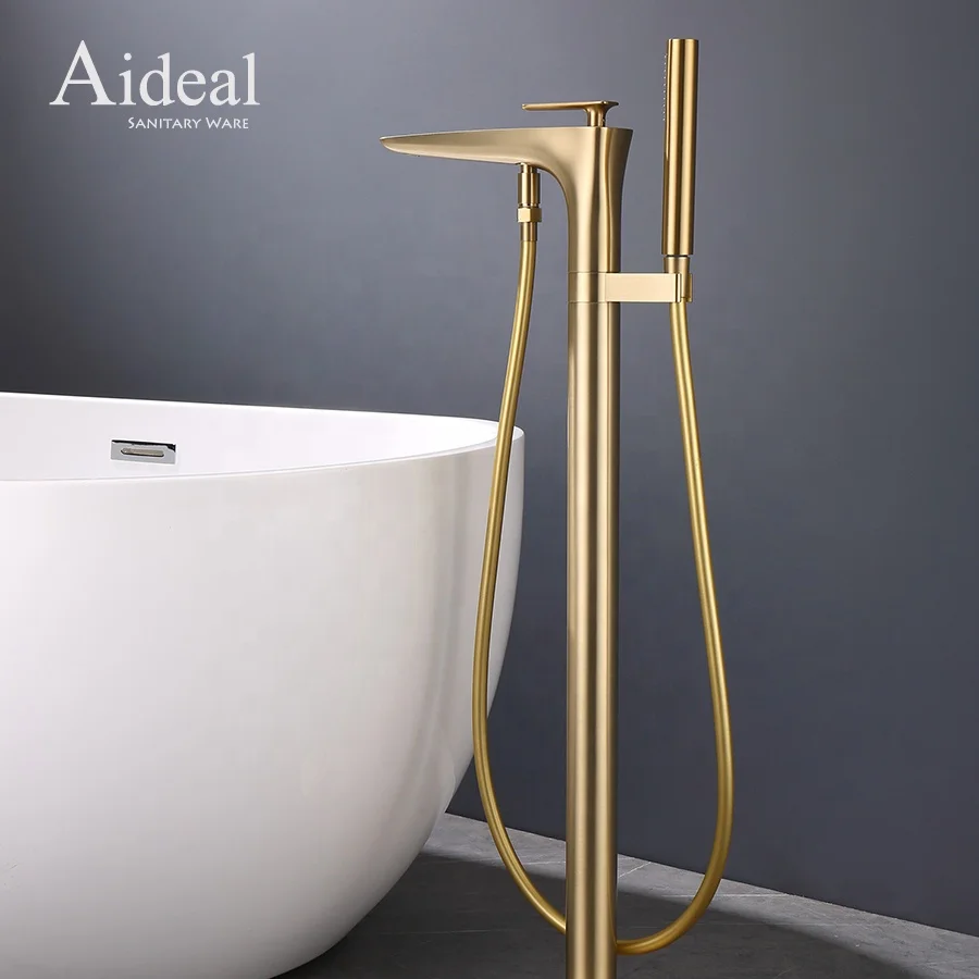 Luxury Design Brass Hot And Cold Mixed Two Functional Bathroom Brushed Gold Floor Freestanding Bathtub Faucet