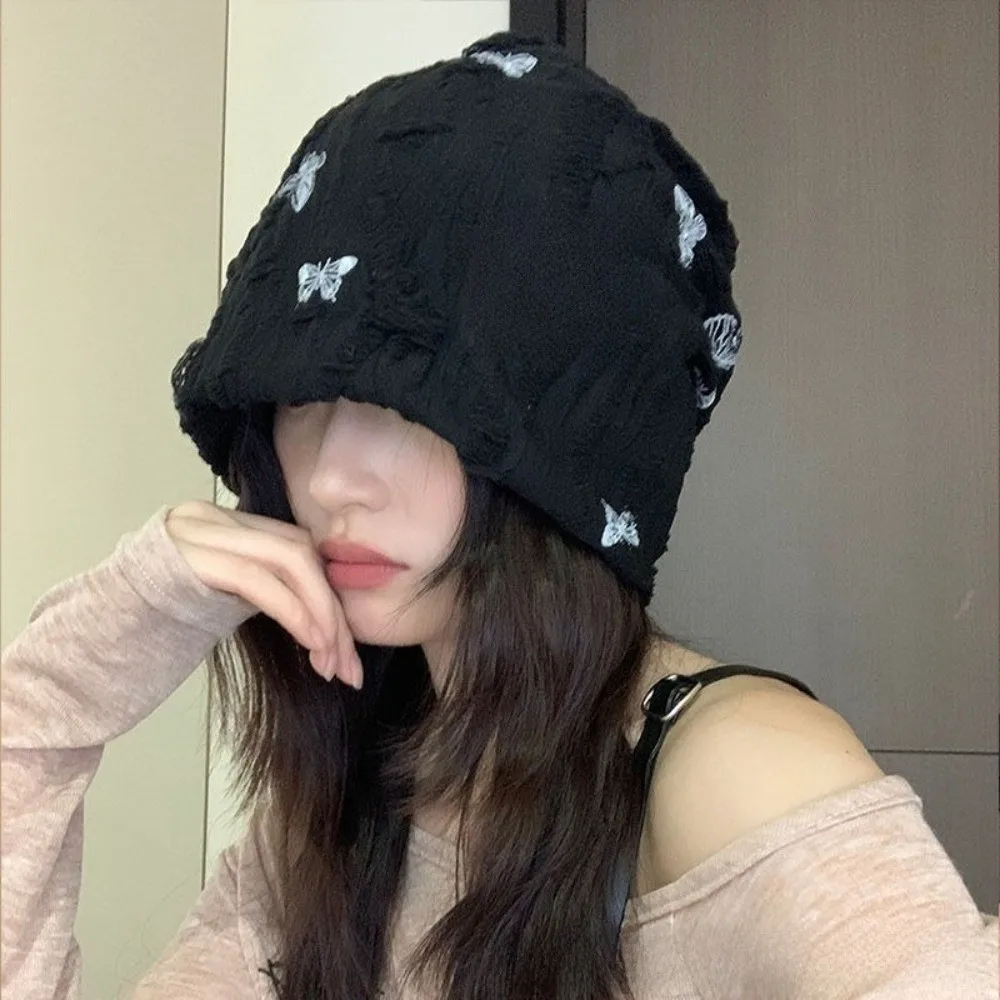 

Soft Holes Butterfly Print Beanies Coldproof Korean Style Fleece Beanies Warm Hip Hop Pullover Hat Streetwear