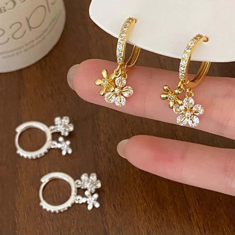 Real 925 Sterling Silver 18K Gold Zircon Flower Pendant Hoop Earrings for Women Cute Fine Jewelry Minimalist Accessories #5