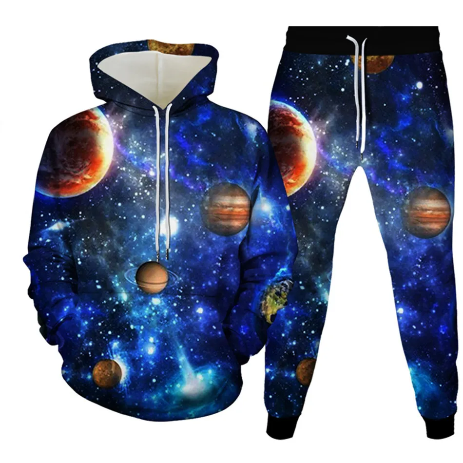 Fall Spring Men Harajuku Moon Star Universe Galaxy Planets 3D Print Tracksuit Clothing Women Hoodies+Trousers 2Pc Plus Size 6XL