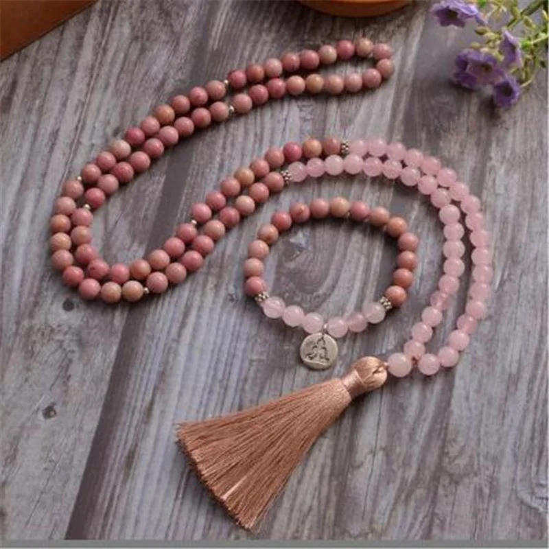 

Explosive natural stone turquoise red patterned stone prayer bead necklace tassel pendant bracelet set fashionable jewelry