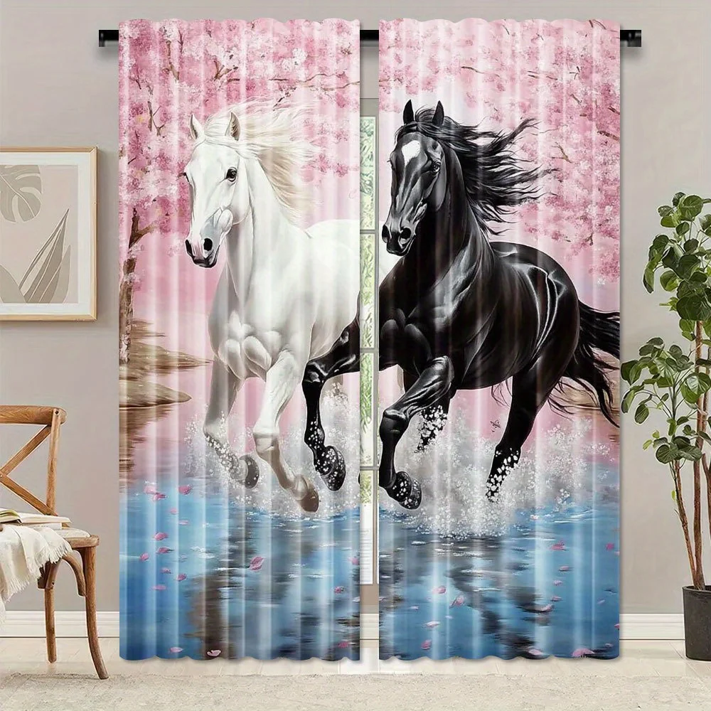 Romantic Horse Curtain Panels, Galloping Black White Horse Cherry Blossom Water Scene Elegant Art Print Drapes for Bedroom Decor