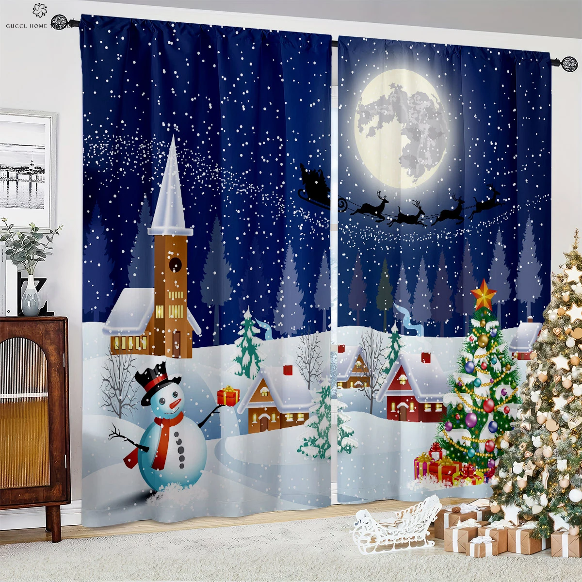 

Christmas Cartoon Printed Curtains Fireplace Snowman Christmas Tree Pattern Children's Room Restaurant Decorative Curtains 2PCS