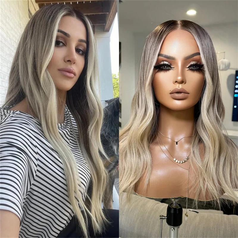 

Ombre Blonde HD Lace Front Wig with Dark Roots Pre Cut Lace Glueless Wig Wear and Go Синтетический парик Lace Front Body Wave Wig Party