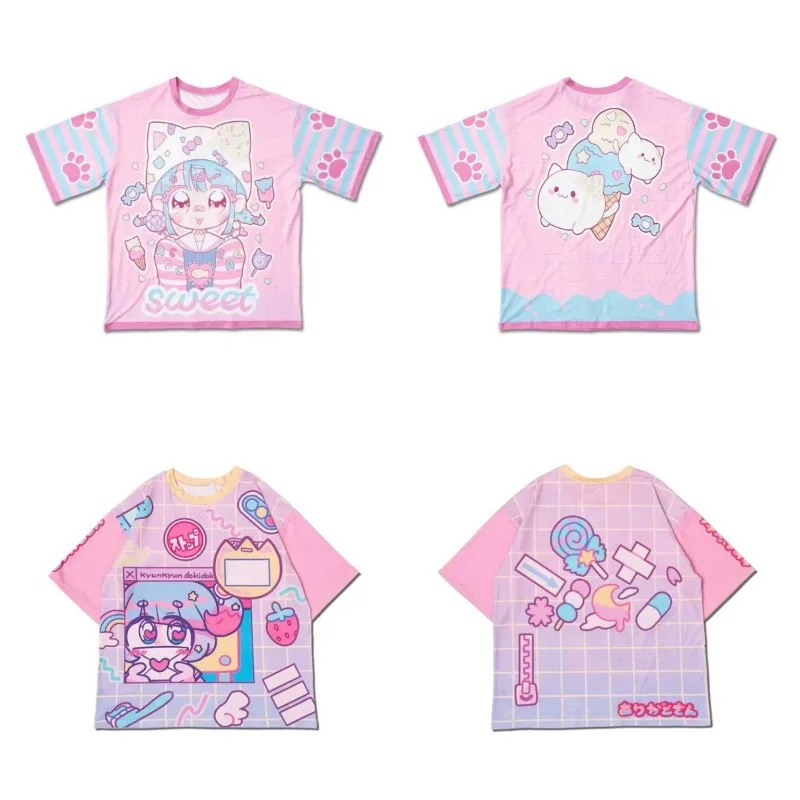 2026 Summer Harajuku Style Girl Print T-shirt Adult Anime Style Loose Large Size Short Sleeve Kids Cute Y2k Role-playing Shirt
