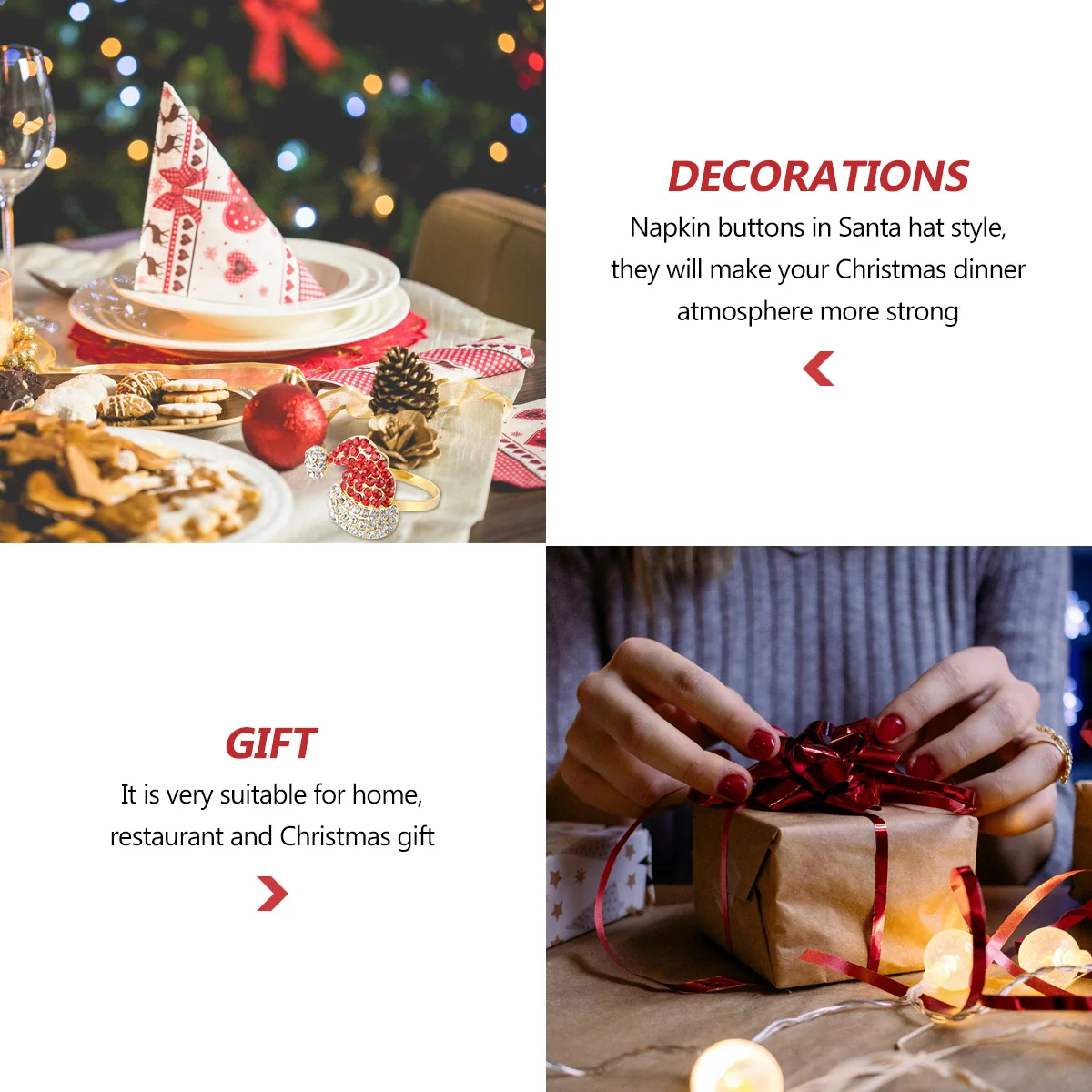 

4Pcs Shiny Napkin Holders Christmas Hat Design Alloy Napkin Rings for Party Table Decoration Red Festive Look Table Set