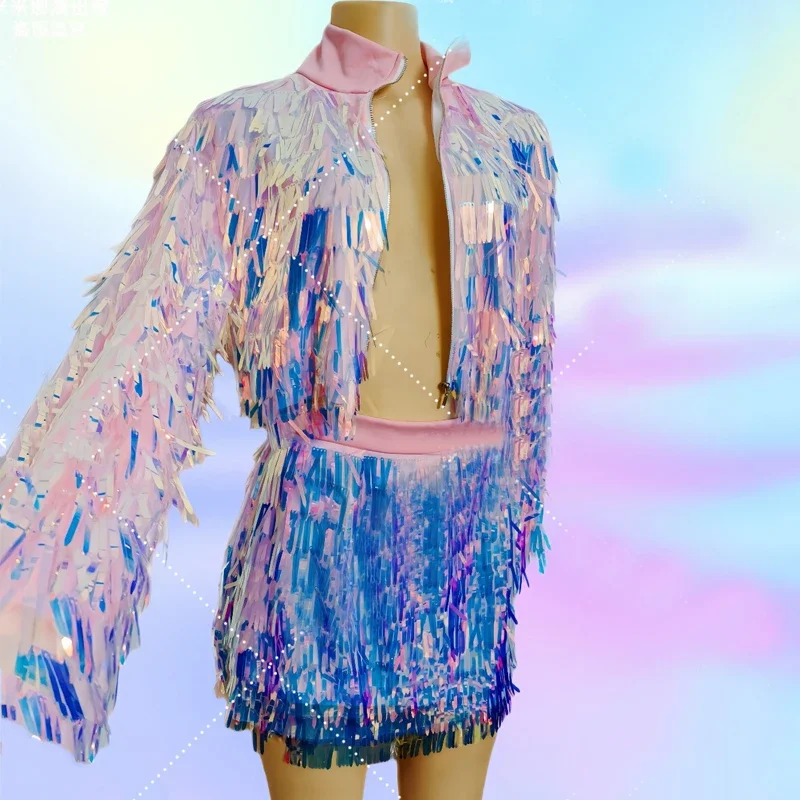 Женский джазовый танцевальный костюм, Яркая юбка-топ с блестками, одежда для выступлений на сцене, одежда для бара, ночного клуба, ди-Джея, одежда для ГОГО