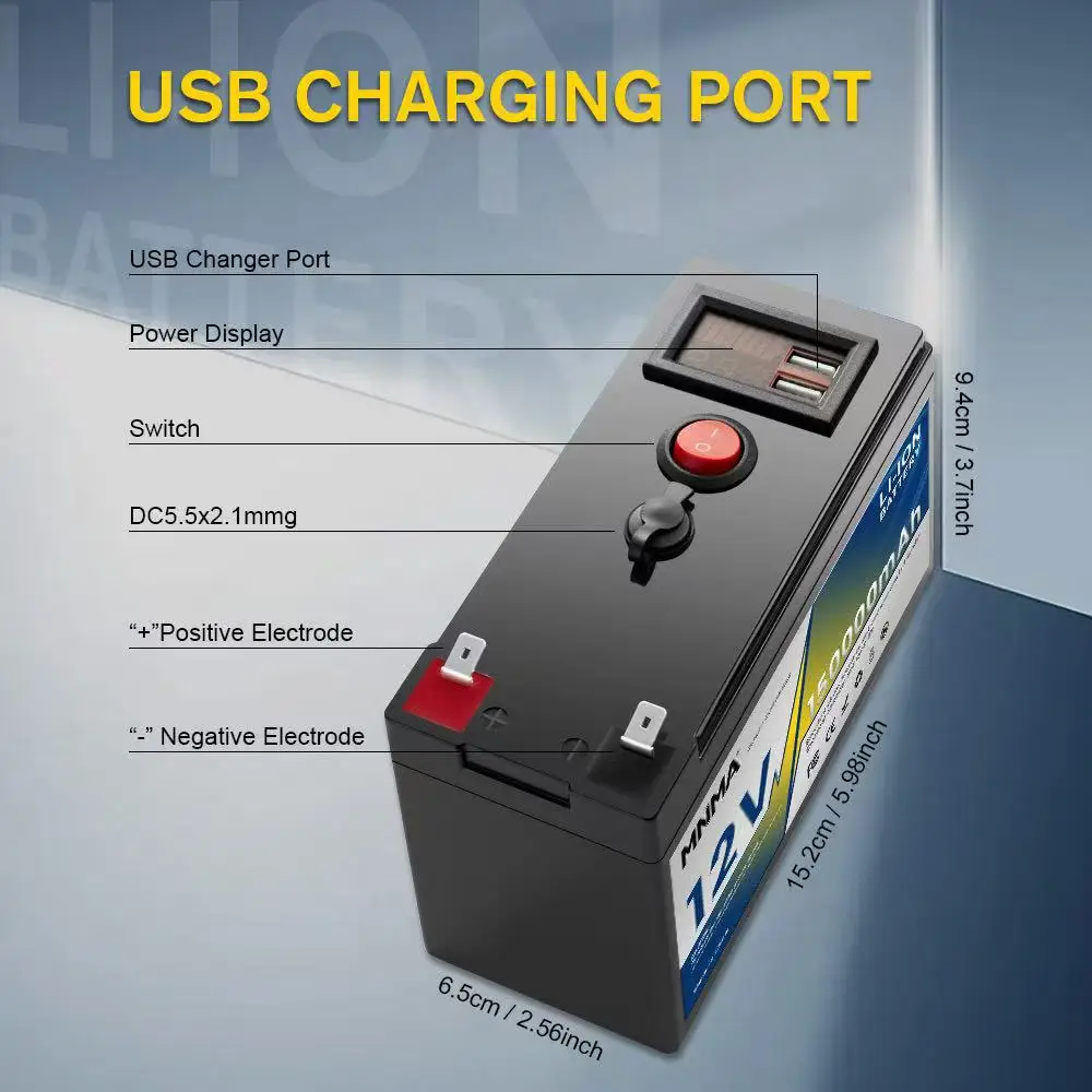 12V 120Ah Multi-device Compatible LiFePO4 Battery with USB SharingPort Outdoor Off Grid for Kids Toy RV Off-road Vehicle Fishing