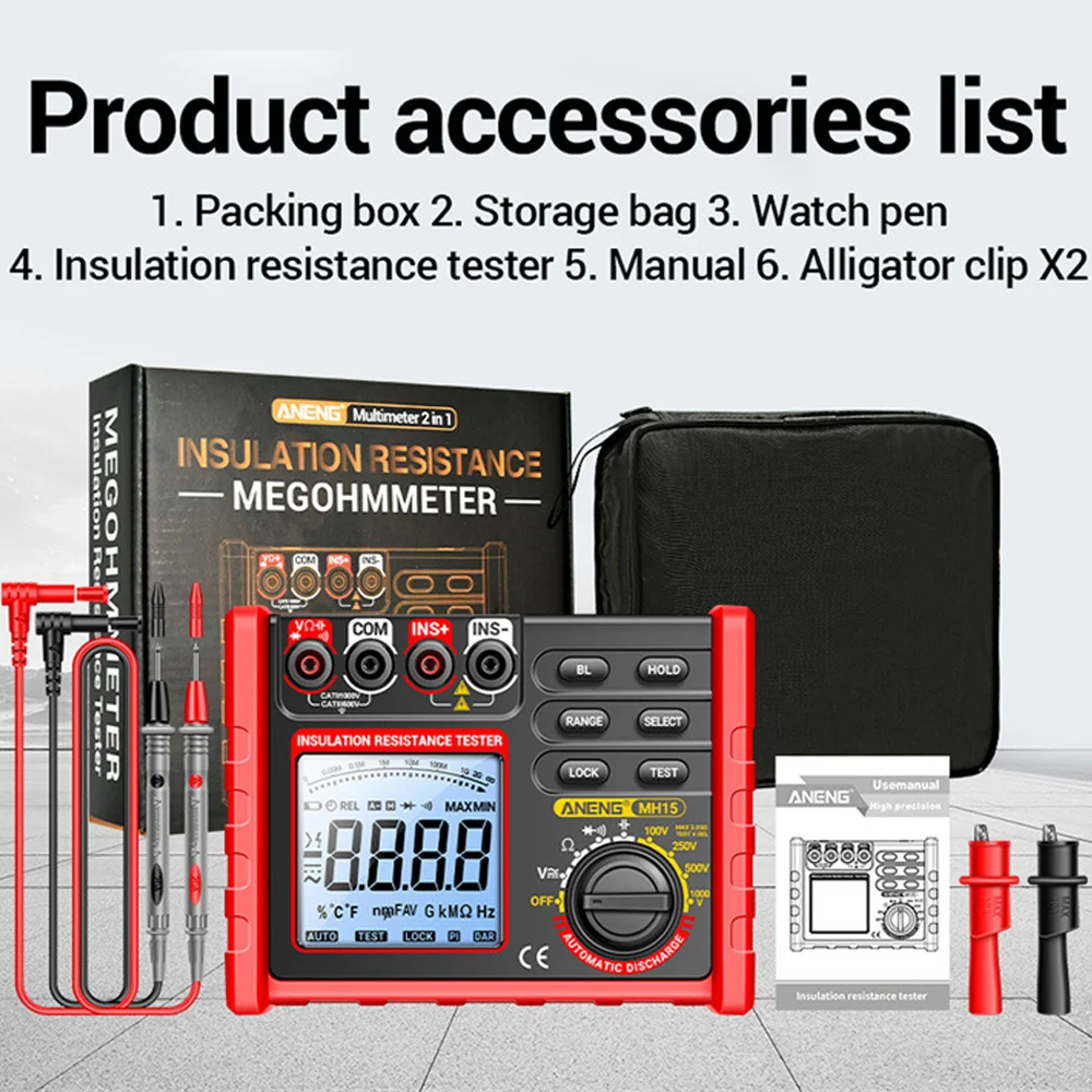 MH15 Insulation Resistance Multifunctional Digital Meter Ohmmeter Automatic Discharge AC/DC Voltage LCD Megohmmeter Tester Tools