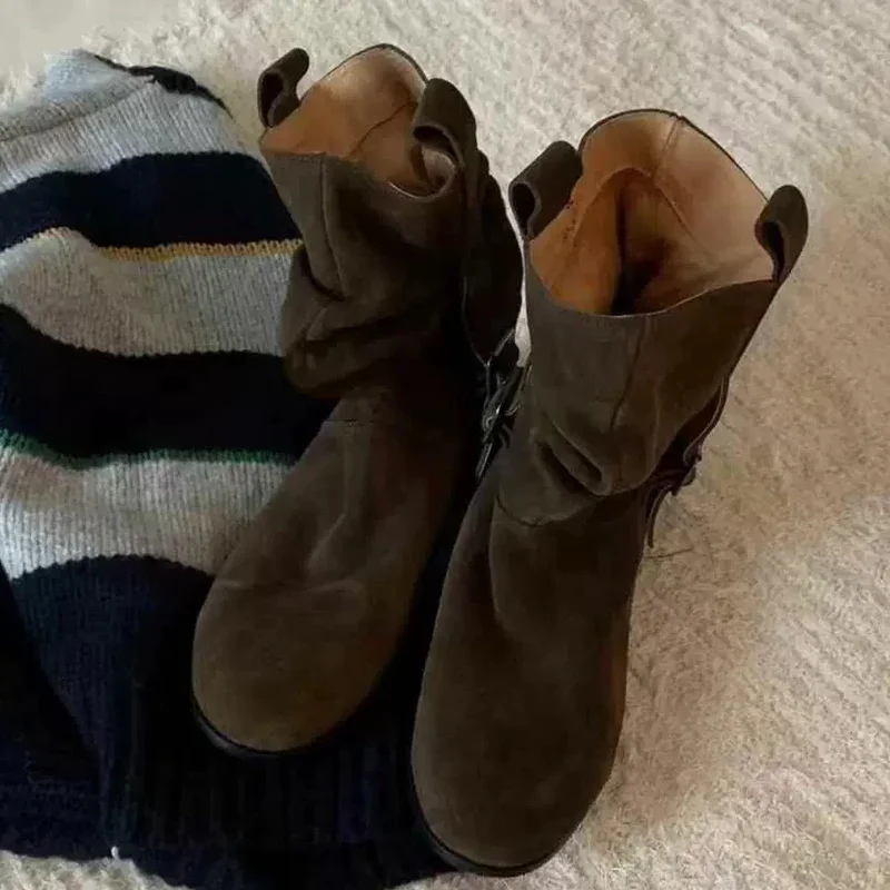 Aneikeh الخريف الشتاء ساحة منخفضة عالية الكعب امرأة حذاء من الجلد خمر الشرير نمط حزام مشبك جولة تو أحذية السيدات #2