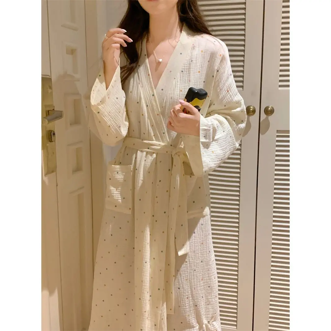 

Халат женский, весенне-осенний, тонкое кимоно на шнуровке, пижама в горошек с длинными рукавами, свободная домашняя одежда для беременных и родов, женская одежда