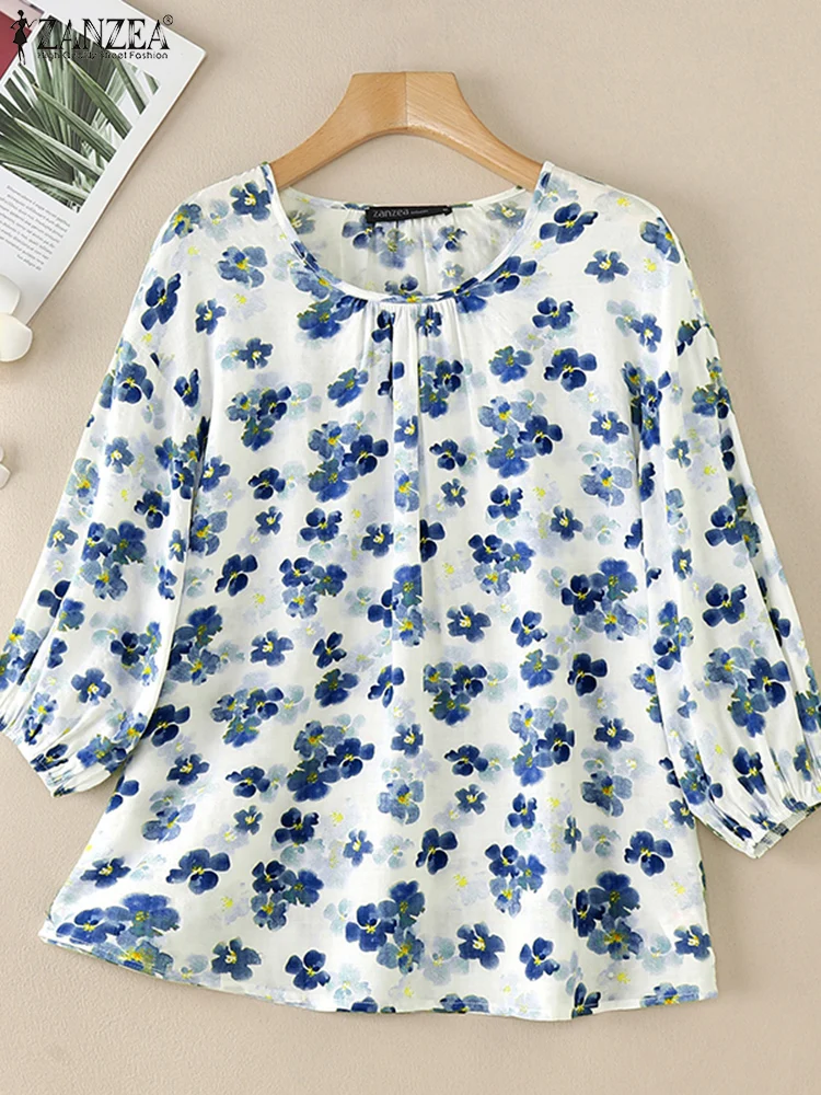 

ZANZEA Womens Bohemian Ditsy Floral Blouses 2025 Summer Loose Casual O Neck 3/4 Sleeve Blusas Mujer Vintage Elegant Smock Tops