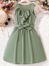 Fresh green dress for girls - ruffled V-neck and belt design