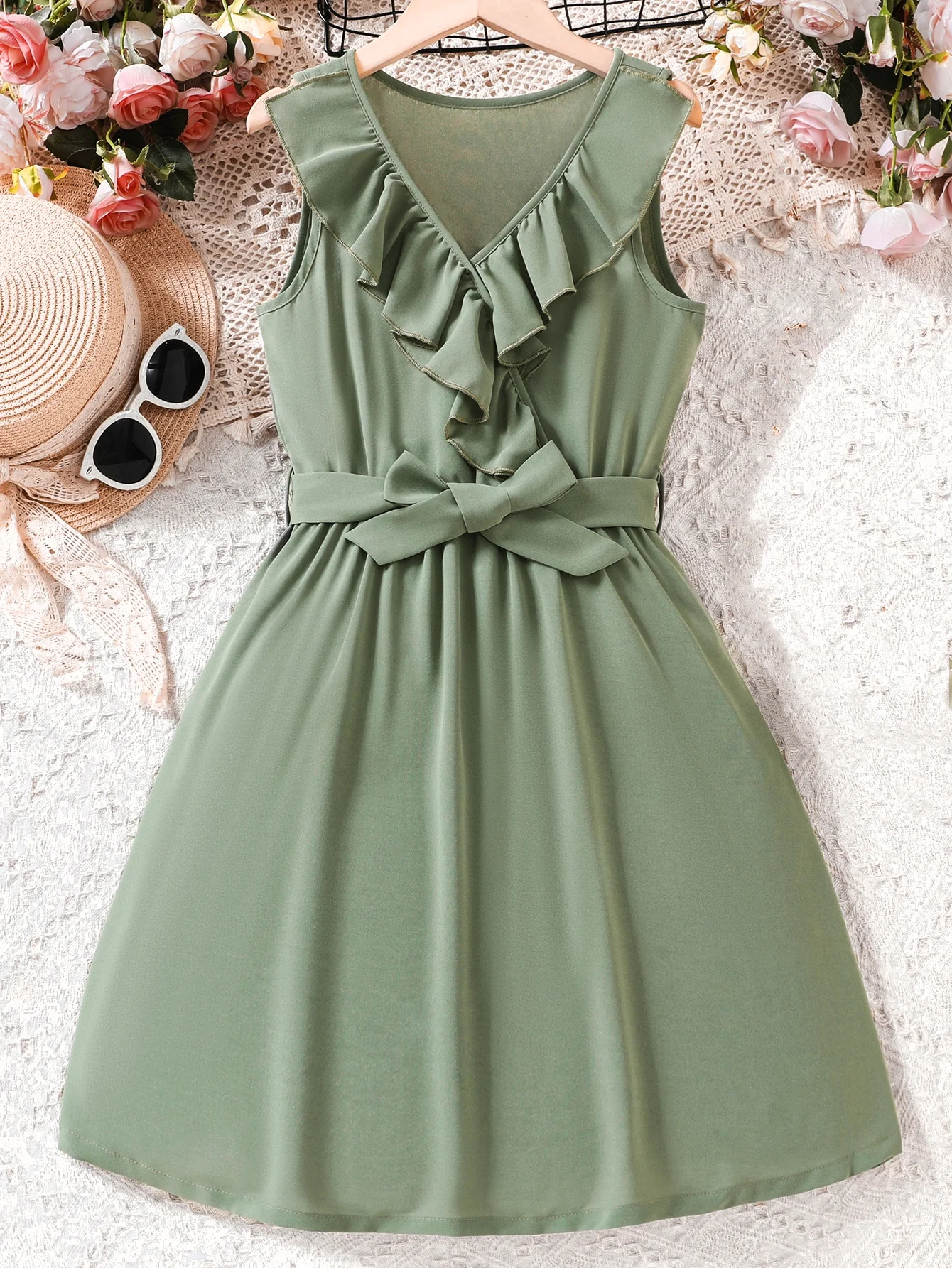 Fresh green dress for girls - ruffled V-neck and belt design