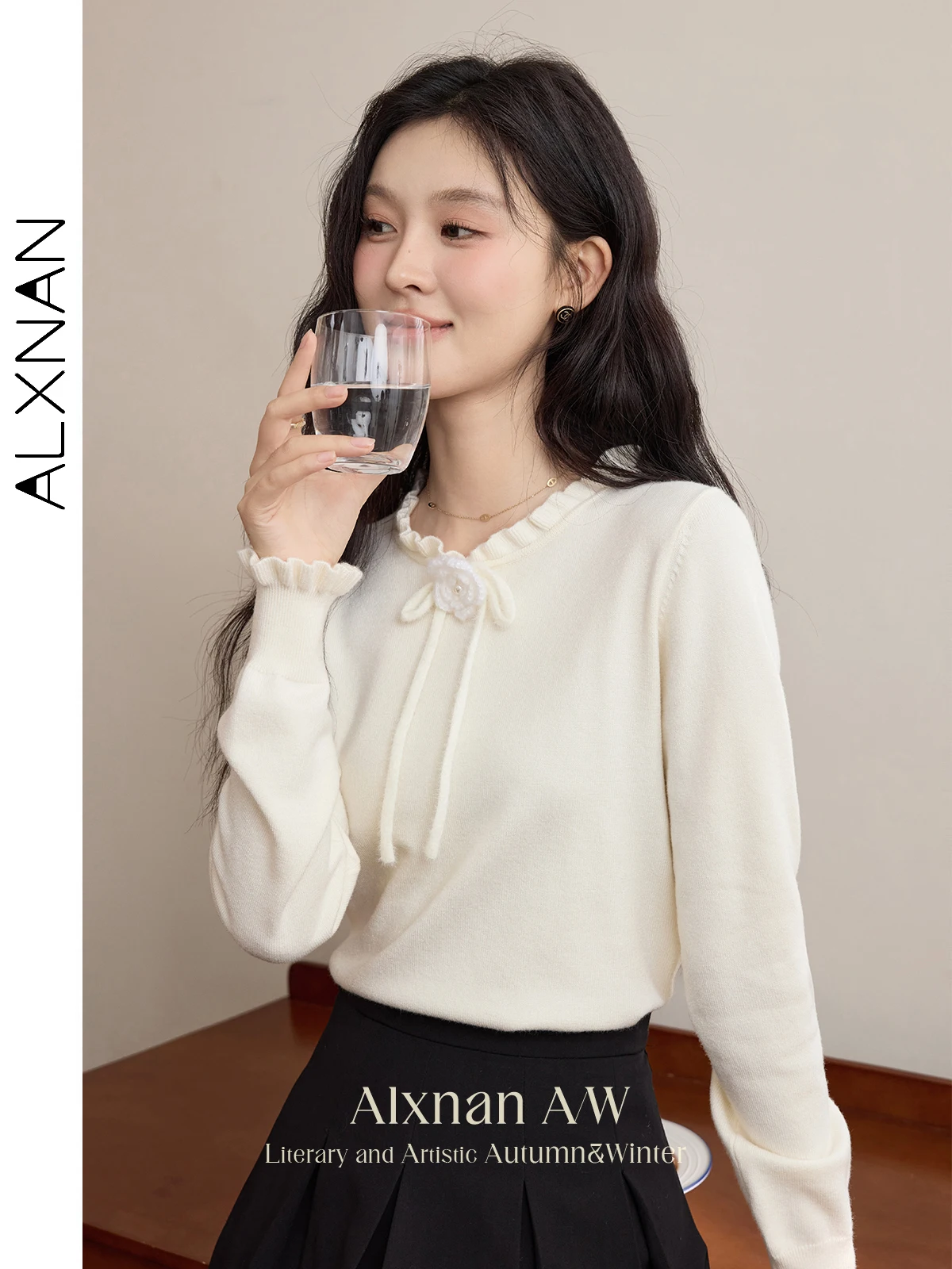 ALXNAN Sweet Knitted Sweater for Women Crochet Flower Lantern Long Sleeve Jumpers 2024 Fall Winter Knit Bottoming Shirt L51953SY