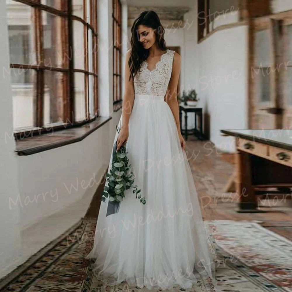 

Boho Charming A Line Women's Wedding Dresses Simple Lace Appliques Bride Gowns Sexy Modern Sleeveless Backless Abiti Da Sposa