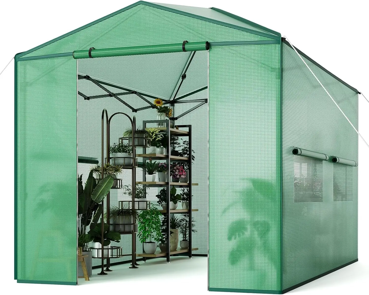 8x12FT Pop-Up Walk-in Greenhouse, Galvanized Steel Frame PE Cover Roll-Up Door Portable Plant Tent with Pegs & Ropes, Customized