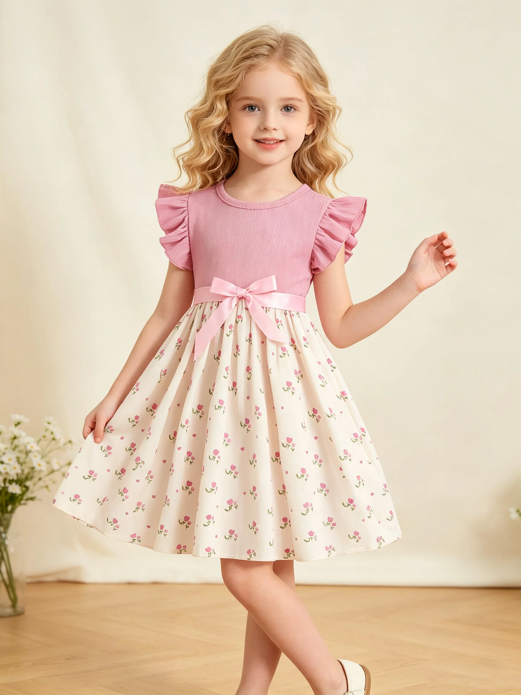 Summer Style Girls Sleeveless round Neck Printed Dress Cute Flying Sleeve Outfit with Belt Pink